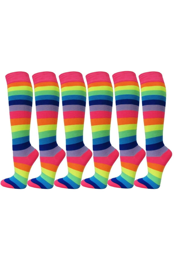 Casual Wear Cotton Knee High Referee Socks Multi-Assorted Pack( Neon Rainbow, Youth Medium (6 Pairs))
