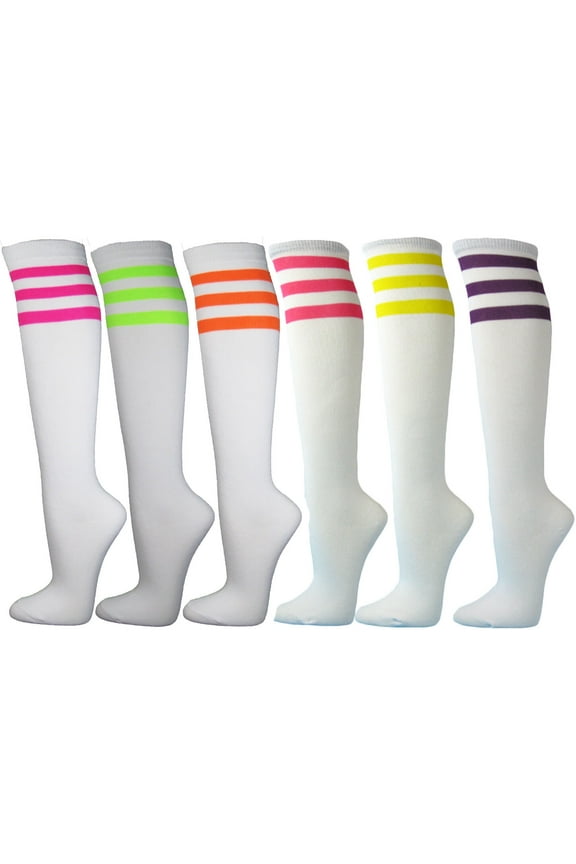 Casual Wear Cotton Knee High Referee Socks Multi-Assorted Pack( White with 3 Neon Stripes, Medium (6 Pairs))
