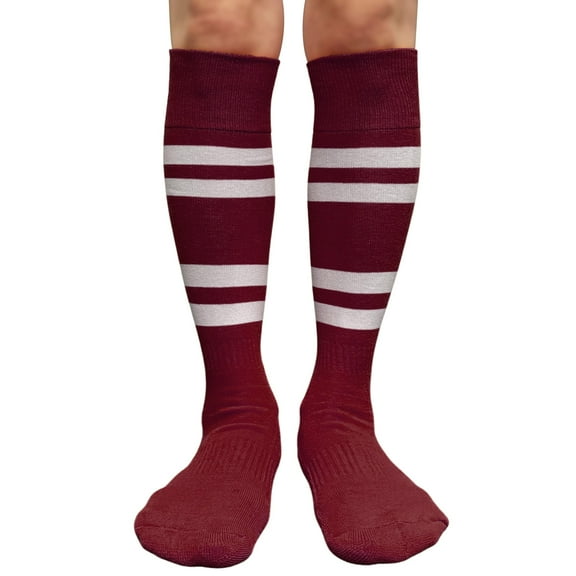 Couver Cotton 4 White Stripes Knee High Softball Baseball Sports Tube Socks, Maroon/White, Large
