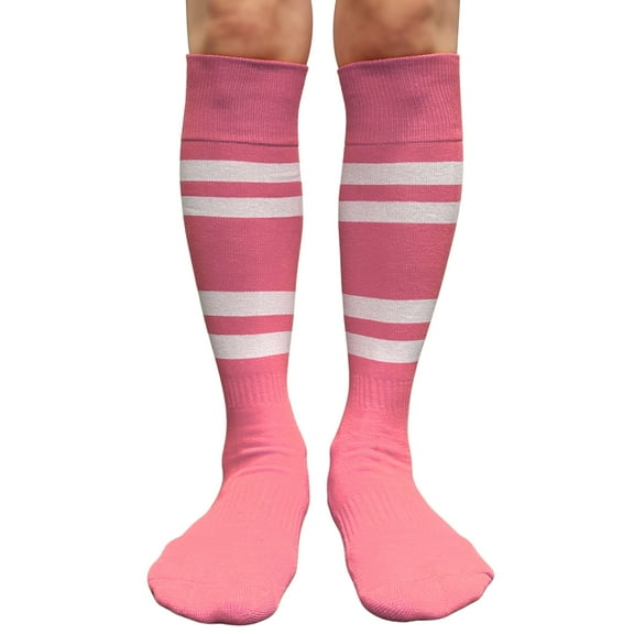 Couver Cotton 4 White Stripes Knee High Softball Baseball Sports Tube Socks, Pink/White, Medium