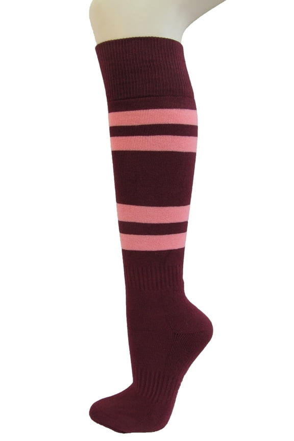 Cotton Maroon Striped Softball Baseball Sports Knee High Tube Socks, Pink Medium