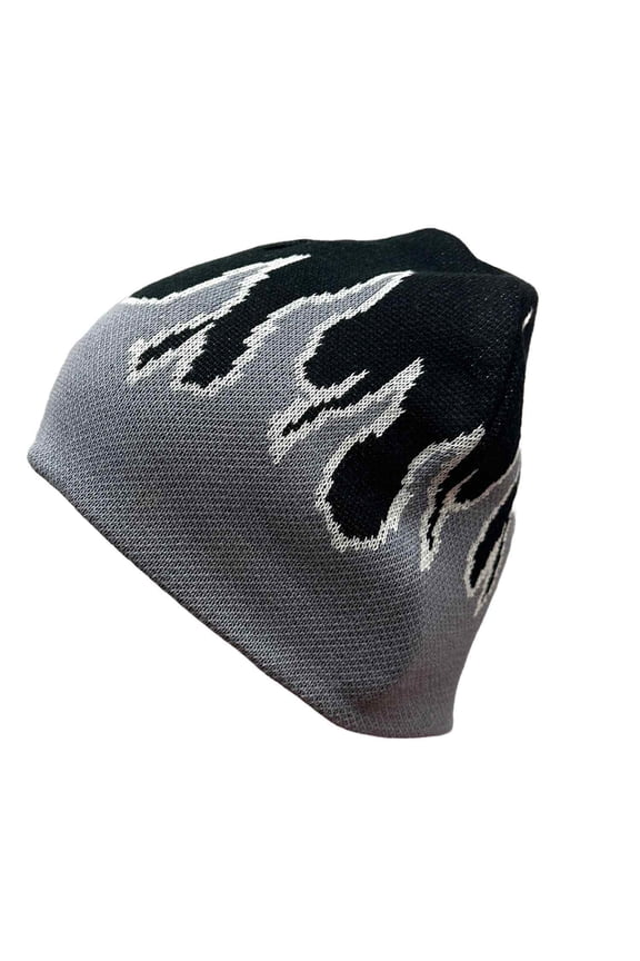 Flame Fire Design Cuffless Beanie Hat Ski Beanie Hat - Black / White & Gray Fire