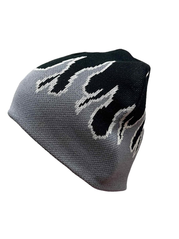 Flame Fire Design Cuffless Beanie Hat Ski Beanie Hat - Black / White & Gray Fire