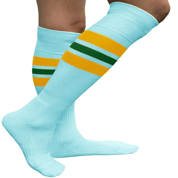 Couver Golden Yellow/Dark Green Stripes Knee High Sports/Softball Socks, Light Sky Blue Medium
