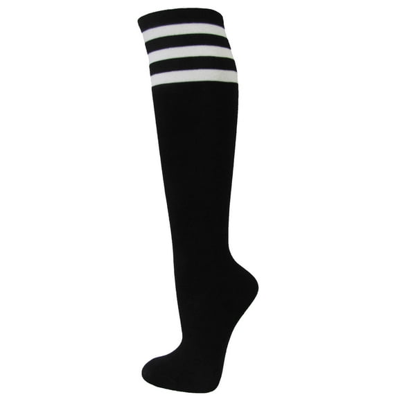 Couver Ladies Girls Triple Stripes Vivid Colorful Knee High Fashion Casual Tube Cotton Socks, Black / White