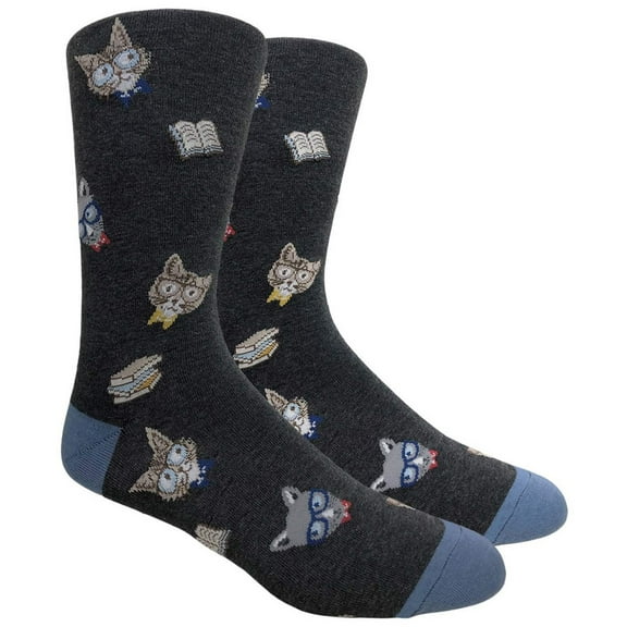 Couver Mens Cotton Novelty Crew Dress Socks with Cute Animal Design- Animal / Curious Cat Charcoal, 10-13, 1 Pair