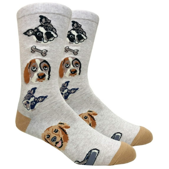 Couver Mens Cotton Novelty Crew Dress Socks with Cute Animal Design- Cartoon / Animal / Dog Lovers Beige, 10-13, 1 Pair