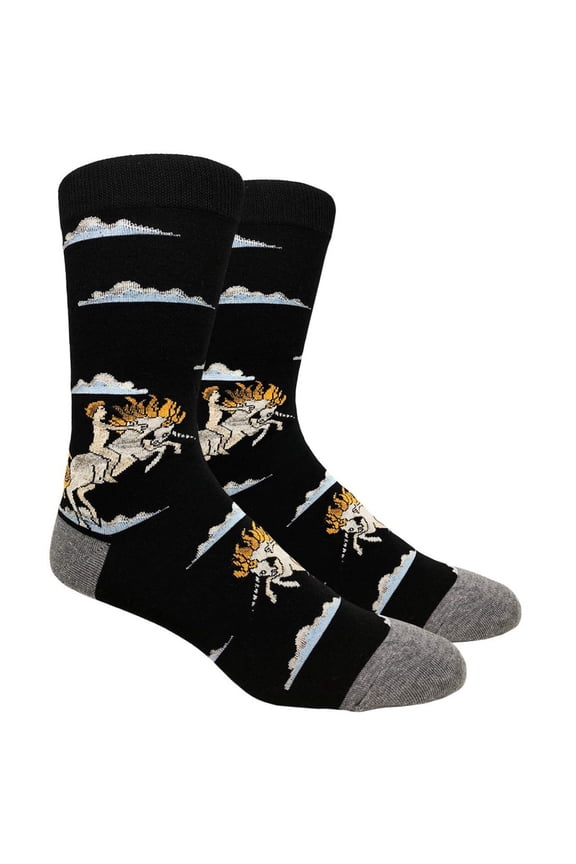 Mens Cotton Novelty Crew Dress Socks with Cute Animal Design- Cartoon / Unicorn Black, 10-13, 1 Pair