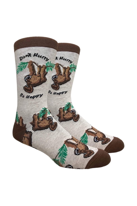 Mens Cotton Novelty Crew Dress Socks with Cute Animal Design- Cute / Animal / Don't Hurry, Be Happy Sloth-Brown / Ivory, 10-13, 1 Pair