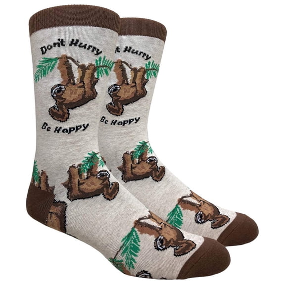 Couver Mens Cotton Novelty Crew Dress Socks with Cute Animal Design- Cute / Animal / Don't Hurry, Be Happy Sloth-Brown / Ivory, 10-13, 1 Pair
