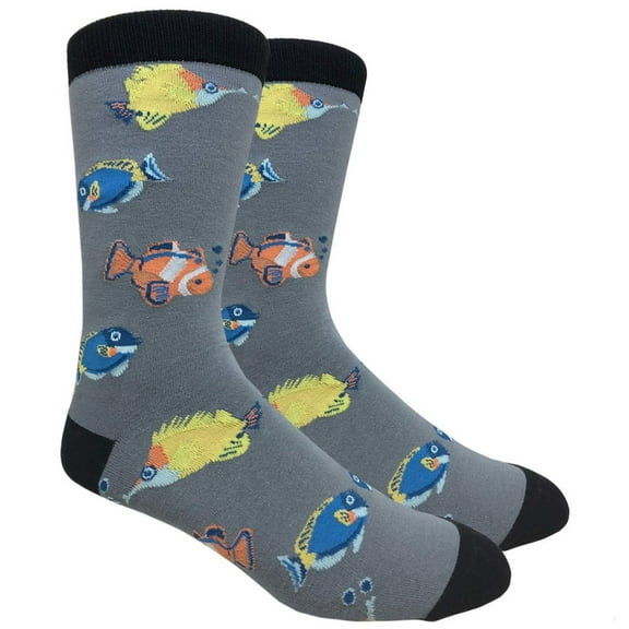 Couver Mens Cotton Novelty Crew Dress Socks with Cute Animal Design- Cute / Tropical Fish Grey, 10-13, 1 Pair