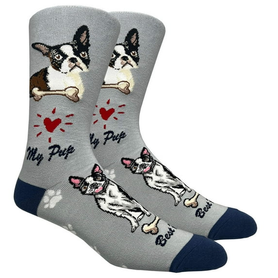 Couver Mens Cotton Novelty Crew Dress Socks with Cute Animal Design- Dogs / Boston Terrier, 10-13, 1 Pair