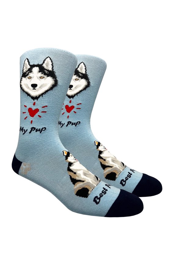 Mens Cotton Novelty Crew Dress Socks with Cute Animal Design- Dogs / Siberian Husky, 10-13, 1 Pair