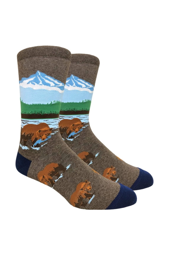 Mens Cotton Novelty Crew Dress Socks with Cute Animal Design- Park / Animal / Grizzly Bear, 10-13, 1 Pair