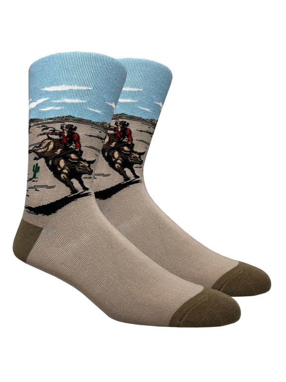 Mens Cotton Novelty Crew Dress Socks with Cute Cartoon Design- Cartoon / Cowboy 2, 10-13, 1 Pair