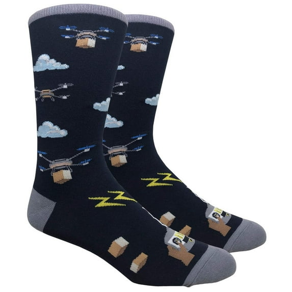 Couver Mens Cotton Novelty Crew Dress Socks with Cute Cartoon Design- Cartoon / Drones Black, 10-13, 1 Pair