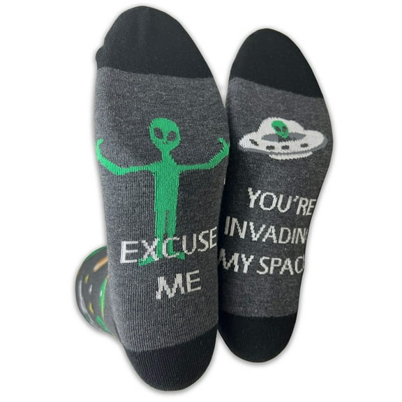 Couver Mens Cotton Novelty Crew Dress Socks with Cute Cartoon Design- Cartoon / Invading My Space, 10-13, 1 Pair