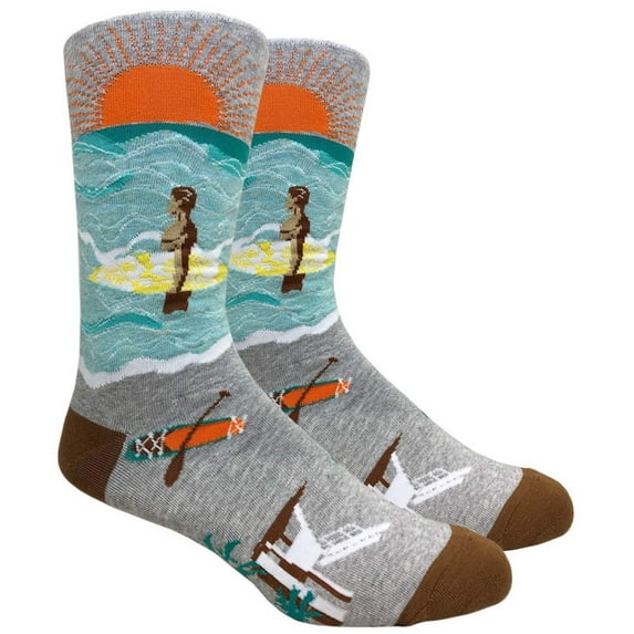 Couver Mens Cotton Novelty Crew Dress Socks with Cute Cartoon Design- Cartoon / Sea / Surf's Up (Heather Grey), 10-13, 1 Pair