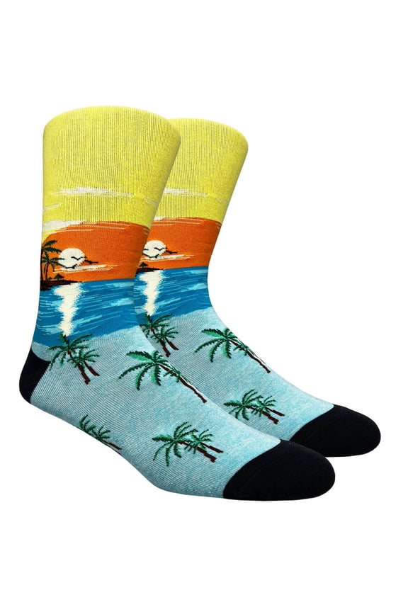 Mens Cotton Novelty Crew Dress Socks with Plant Floral Nature Design- Multicolor/Sunset 2, 10-13, 1 Pair