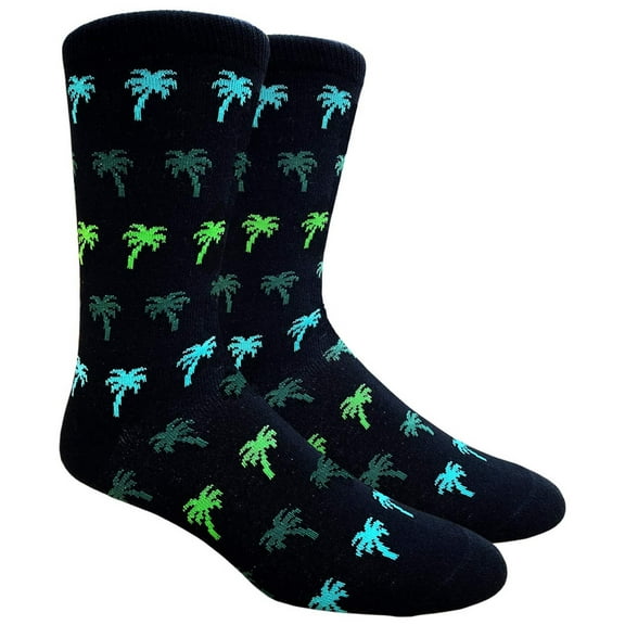Couver Mens Cotton Novelty Crew Dress Socks with Plant Floral Nature Design- Nature / Palm Tree Black / Green, 10-13, 1 Pair