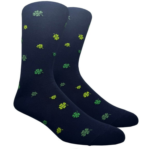 Couver Mens Cotton Novelty Crew Dress Socks with Plant Floral Nature Design- Navy Blue/Four Leaf Clovers, 10-13, 1 Pair