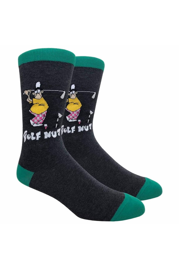Mens Cotton Novelty Crew Dress Socks with Sports Exercise Workout Design- Cartoon / Golf Nut (Charcoal), 10-13, 1 Pair