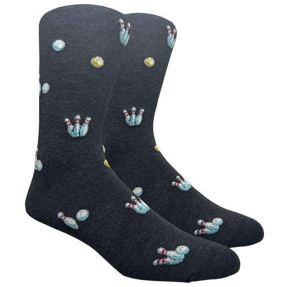 Couver Mens Cotton Novelty Crew Dress Socks with Sports Exercise Workout Design- Charcoal Grey Bowling Balls and Pins, 10-13, 1 Pair