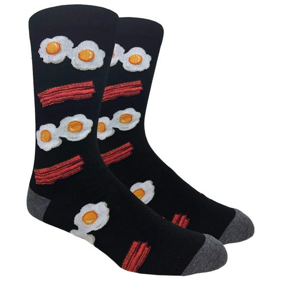 Couver Mens Novelty Socks Colorful Funny Pattern Dress Casual Socks- Food/Bacon & Eggs - Black, 10-13, 1 Pair