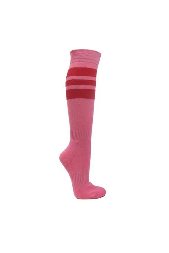 Pink Breast Cancer Awareness Strpied Athletic Tube Knee High Socks, Red Medium