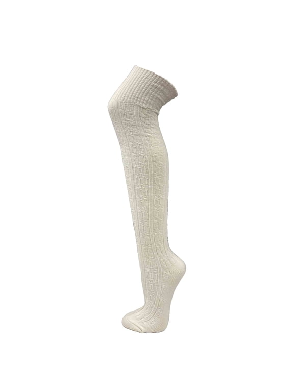 Women's Plain Winter Cable Knitted Boot Over Knee Socks/Thigh High Stockings- White - 1 Pair