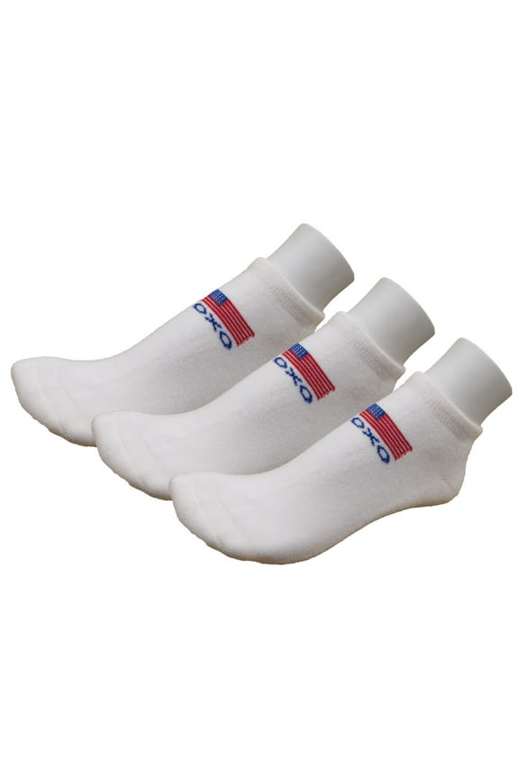 Running Athletic Crew Socks Cotton Terry Cushion sole, Low Cut, White with USA Flag, Large, 3 Pairs