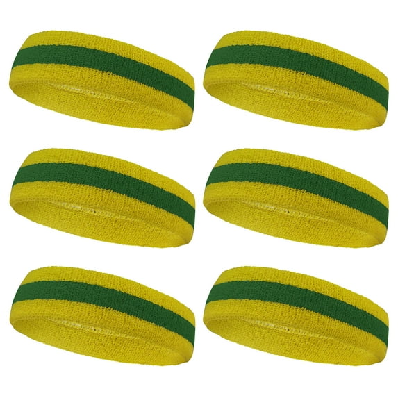 Couver Sports Terry Cloth 2 Colors Stripes Head Sweatband - 6 Pieces Pack (Green / Yellow)