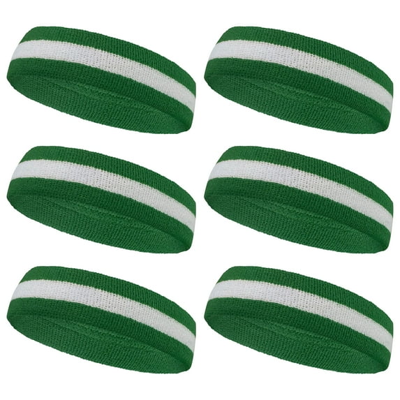 Couver Standard White Striped Terry Cloth 2 Colored Sweat Headband - 6 Pieces Pack (White / Green)