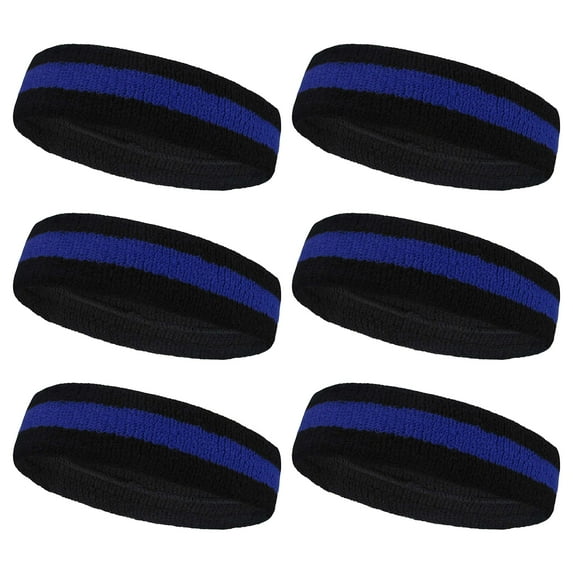 Couver Terry Cloth Striped Headband 2 Colored Head Sweatband - 6 Pieces Pack (Blue / Black)