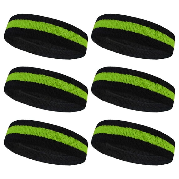 Couver Terry Cloth Striped Headband 2 Colored Head Sweatband - 6 Pieces Pack (Bright Lime Green / Black)