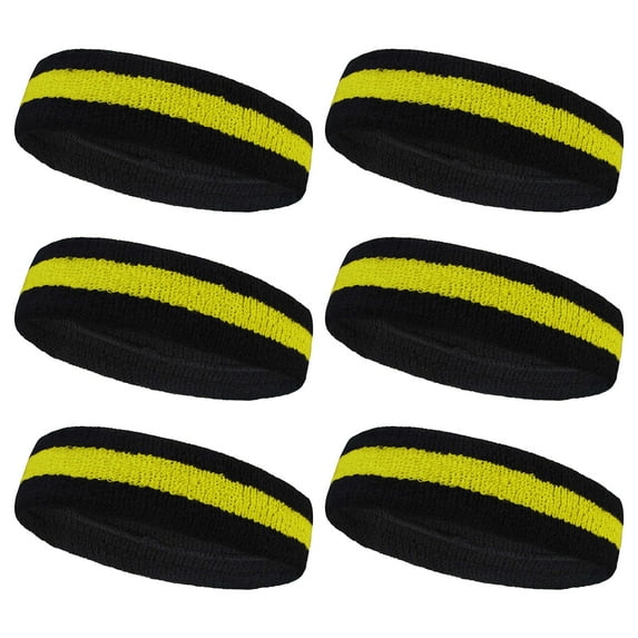 Couver Terry Cloth Striped Headband 2 Colored Head Sweatband - 6 Pieces Pack (Bright Yellow / Black)
