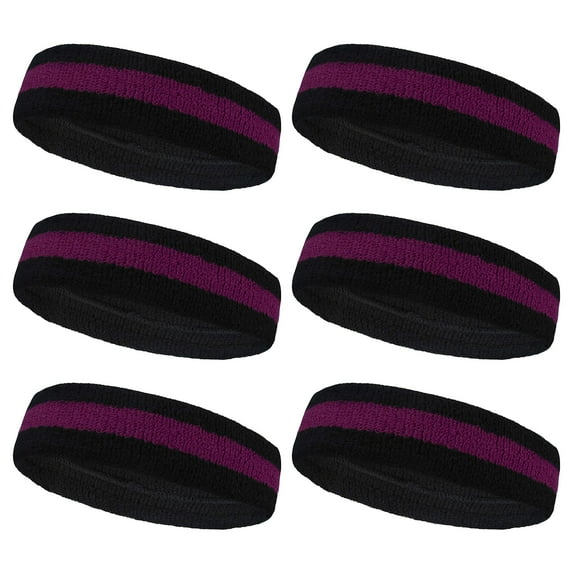 Couver Terry Cloth Striped Headband 2 Colored Head Sweatband - 6 Pieces Pack (Purple / Black)