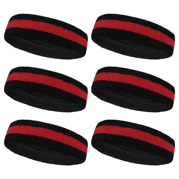 Couver Terry Cloth Striped Headband 2 Colored Head Sweatband - 6 Pieces Pack (Red / Black)