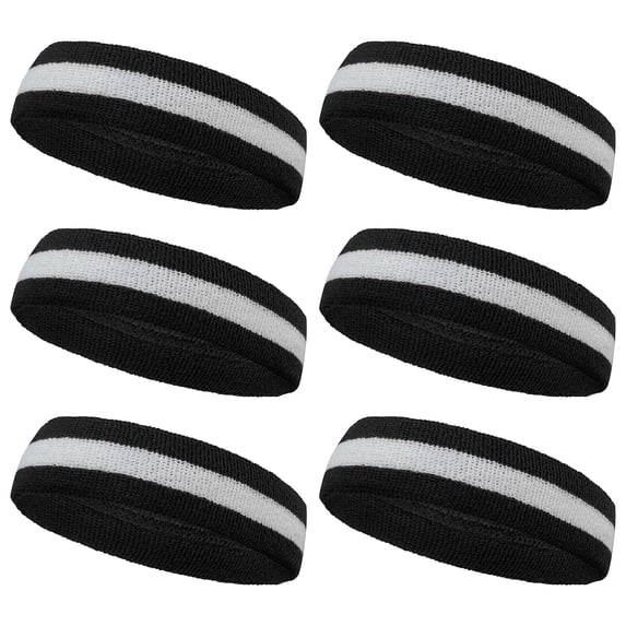Couver Terry Cloth Striped Headband 2 Colored Head Sweatband - 6 Pieces Pack (White / Black)