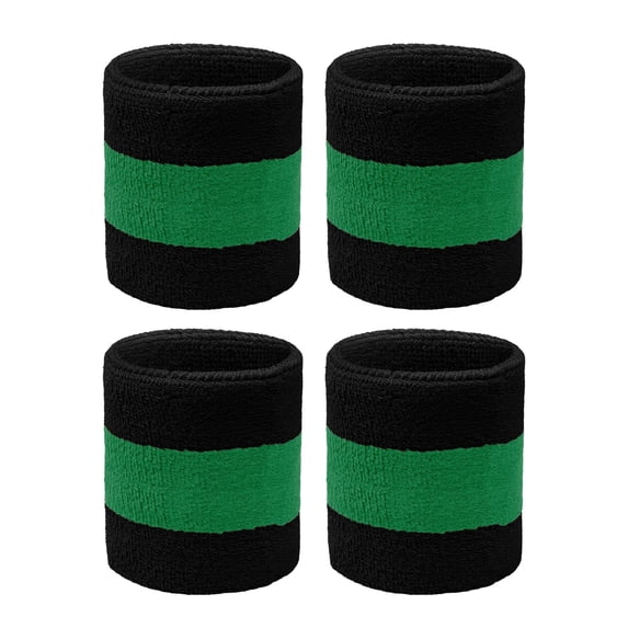 Couver Terry Cloth Two Color Striped Wrist Sweatbands, Black Green Black, One Size, 2 Pairs