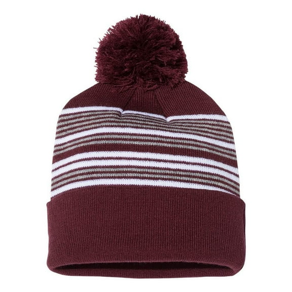 Couver Unisex 12" Stripped Cuffed Beanie with Pom Pom, Maroon/White/Grey, One Size, 1 Piece