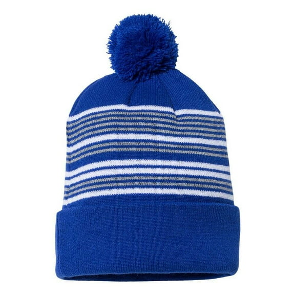 Couver Unisex 12" Stripped Cuffed Beanie with Pom Pom, Royal/White/Grey, One Size, 1 Piece