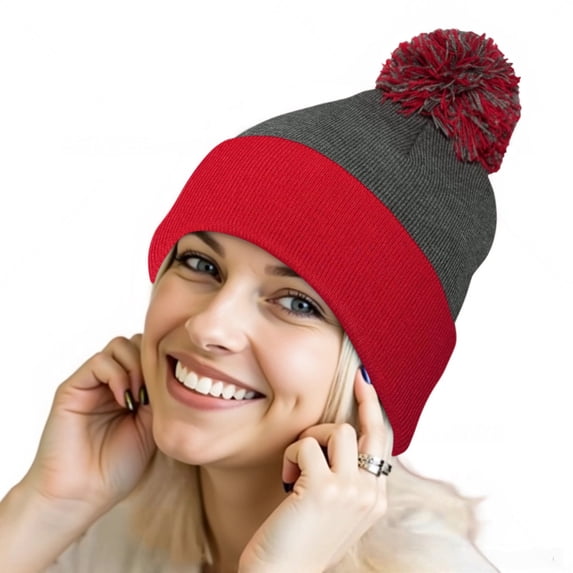 Couver Unisex 12 inch Knit Acrylic Warm Winter Beanie Hat with Pom Pom (Dark Heather Grey/ Red) , 1 Piece