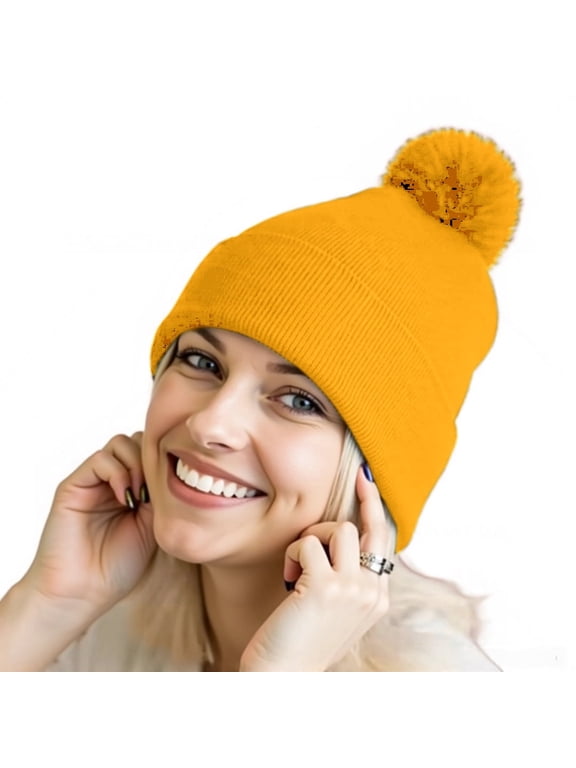 Unisex 12 inch Knit Acrylic Warm Winter Beanie Hat with Pom Pom (Gold) , 1 Piece