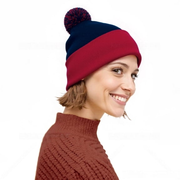 Couver Unisex 12 inch Knit Acrylic Warm Winter Beanie Hat with Pom Pom (Navy/ Red) , 1 Piece