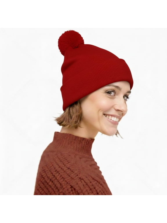 Unisex 12 inch Knit Acrylic Warm Winter Beanie Hat with Pom Pom (Red) , 1 Piece