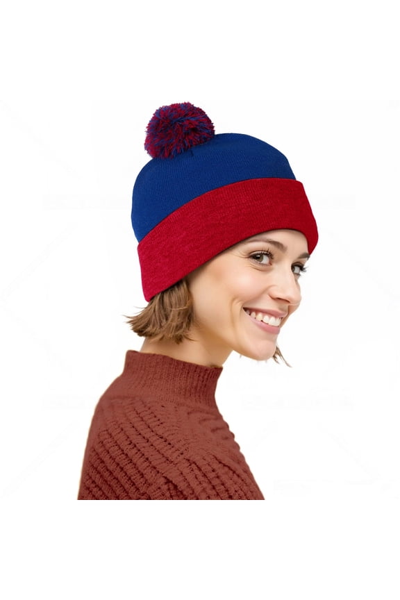 Unisex 12 inch Knit Acrylic Warm Winter Beanie Hat with Pom Pom (Royal/ Red) , 1 Piece