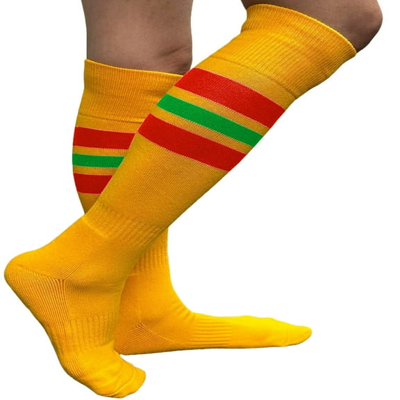 Couver Unisex Cotton Golden Yellow Stripe Baseball Athletic Knee-High Socks, Red / Bright Green Medium