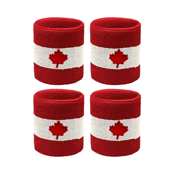 Couver Unisex Cotton Terry Wrist Sweatbands, 2-Pairs, Canada Flag, 4-Inch