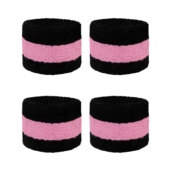 Couver Unisex Cotton Terry Wrist Sweatbands, 2-Pairs, Striped Design, 2.5-Inch, Black Light Pink